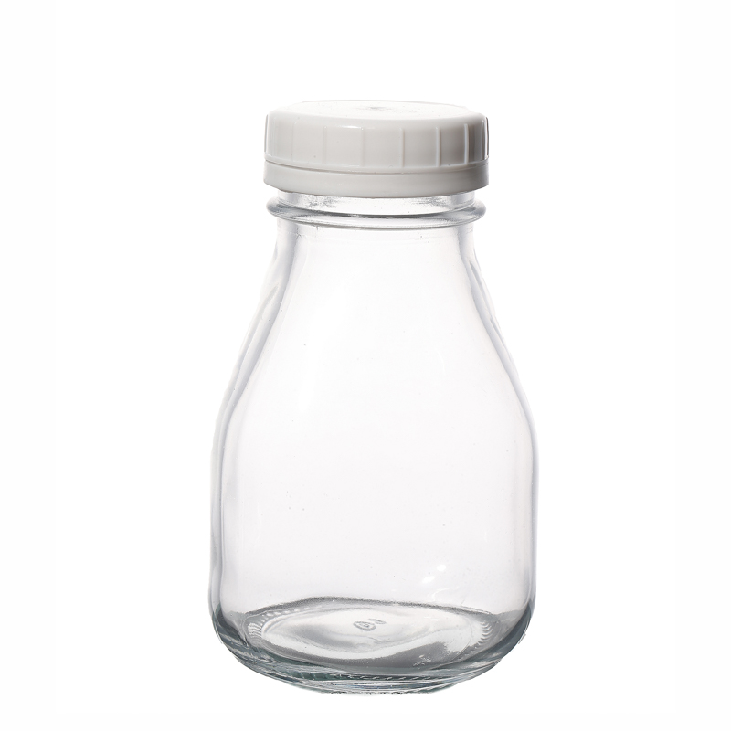 Venta caliente de botellas de jugo de botellas de leche de 350 ml vacías de vidrio con tapas de plástico