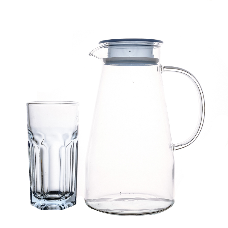 Botella de agua de vidrio grande de 1800 ml con juego de hervidor de tazas pequeñas de 320 ml a la venta
